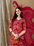 Embroidered & Floral Printed Kurta With Pant & Dupatta, Rani - Hiral Fashion