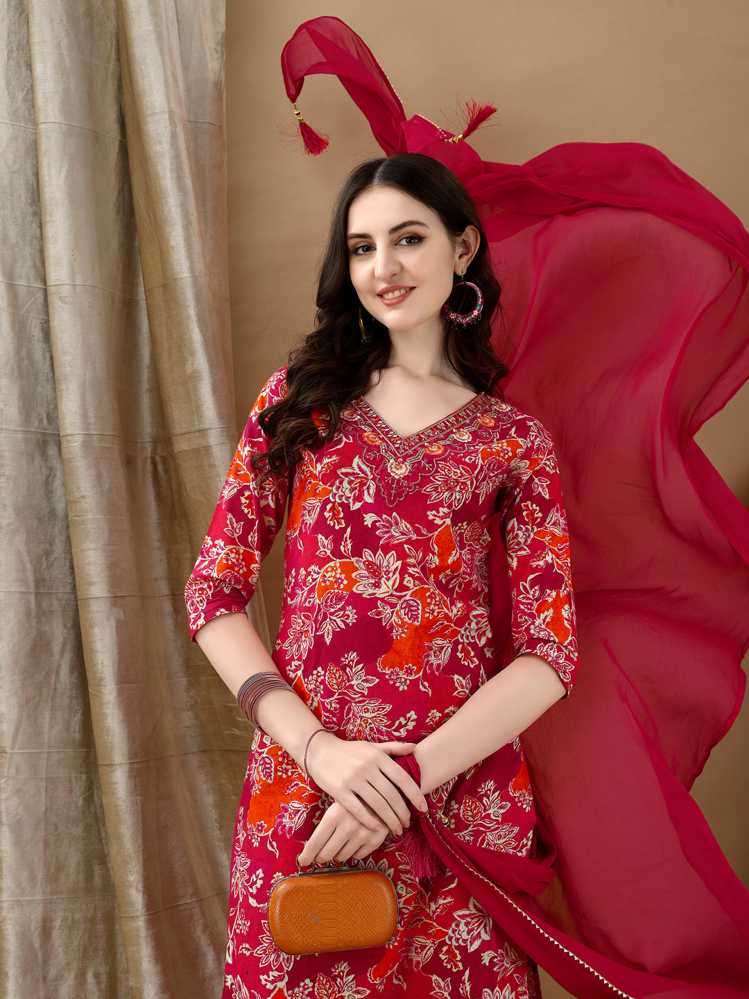 Embroidered & Floral Printed Kurta With Pant & Dupatta, Rani - Hiral Fashion
