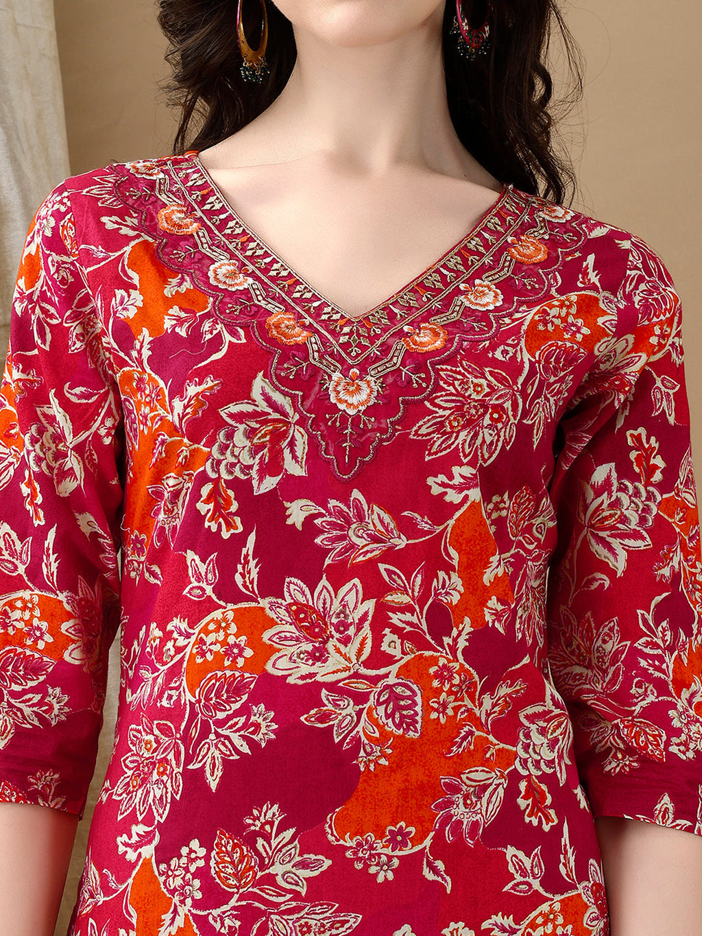 Embroidered & Floral Printed Kurta With Pant & Dupatta, Rani - Hiral Fashion