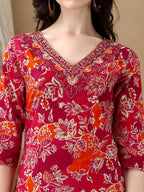 Embroidered & Floral Printed Kurta With Pant & Dupatta, Rani - Hiral Fashion