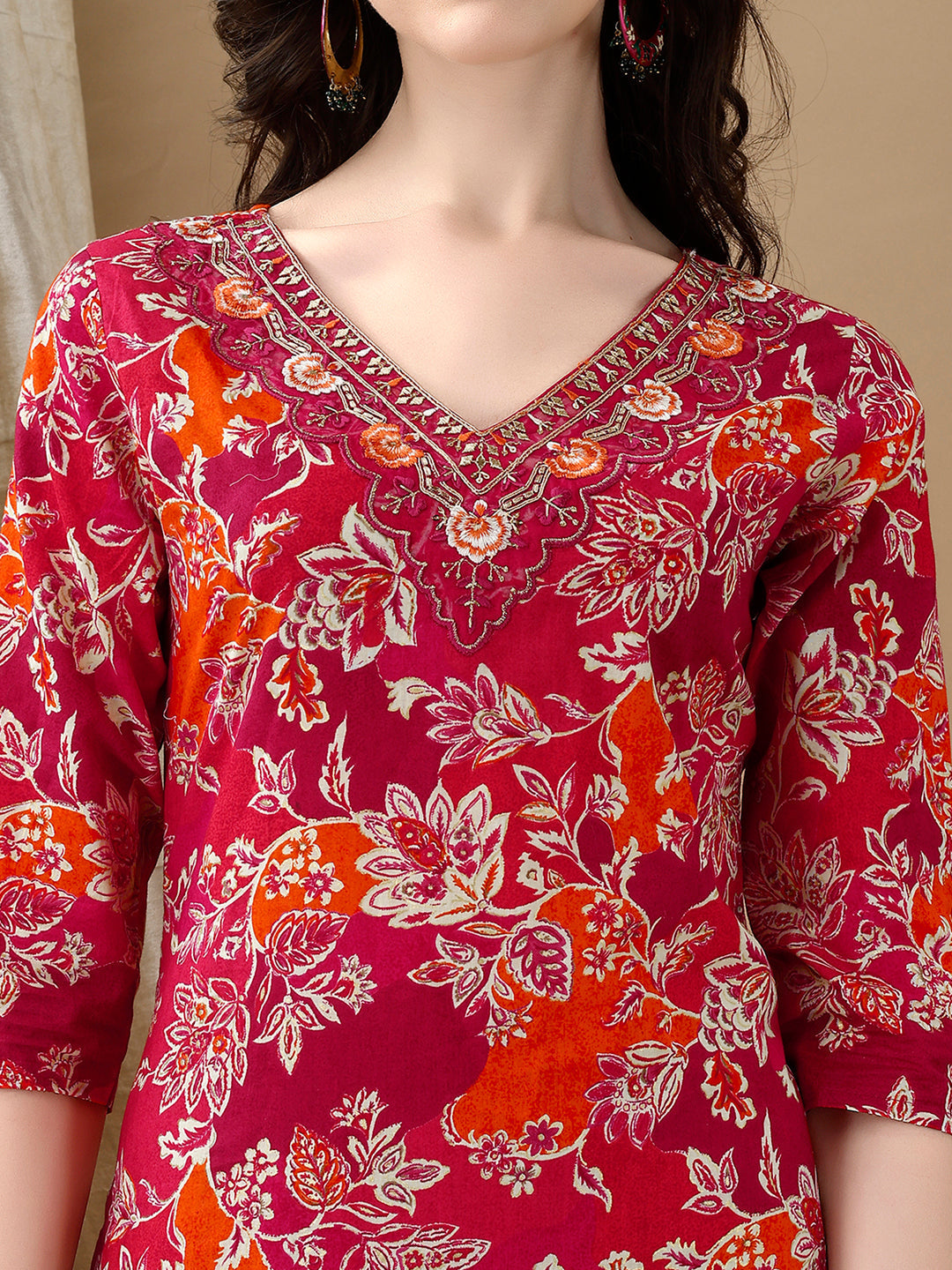 Embroidered & Floral Printed Kurta With Pant & Dupatta, Rani - Hiral Fashion