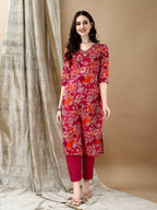 Embroidered & Floral Printed Kurta With Pant & Dupatta, Rani - Hiral Fashion