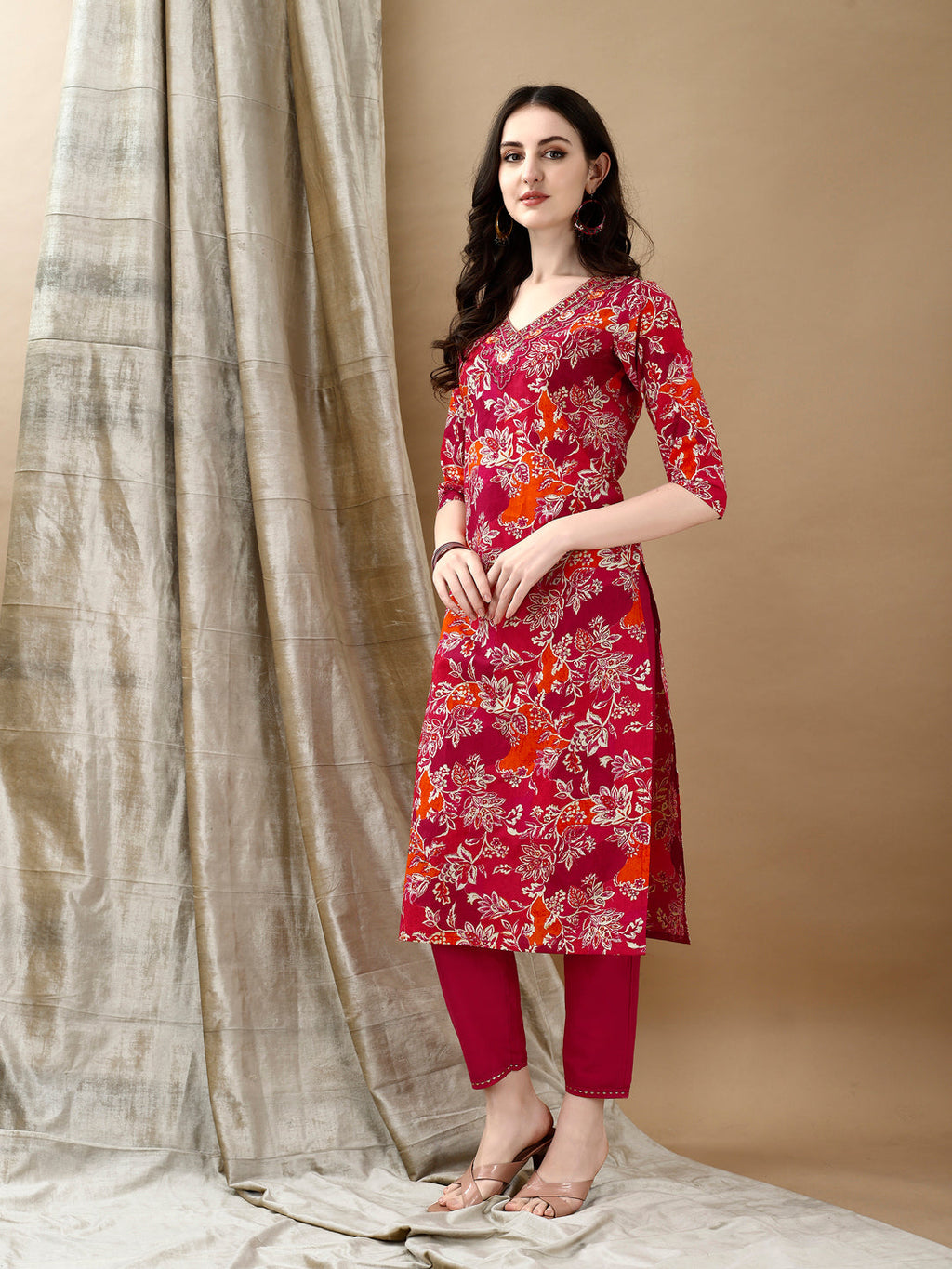 Embroidered & Floral Printed Kurta With Pant & Dupatta, Rani - Hiral Fashion