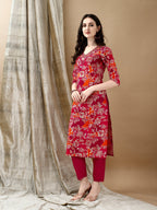 Embroidered & Floral Printed Kurta With Pant & Dupatta, Rani - Hiral Fashion
