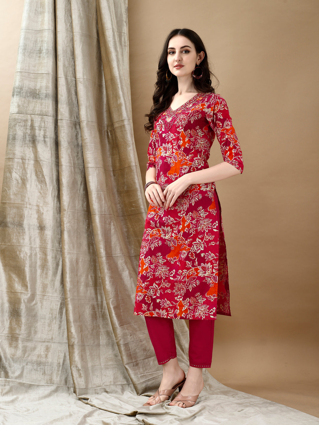 Embroidered & Floral Printed Kurta With Pant & Dupatta, Rani - Hiral Fashion