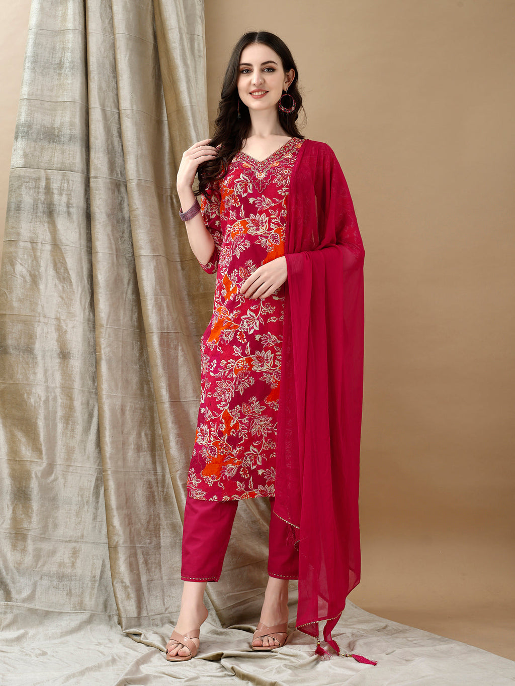 Embroidered & Floral Printed Kurta With Pant & Dupatta, Rani - Hiral Fashion