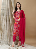 Embroidered & Floral Printed Kurta With Pant & Dupatta, Rani - Hiral Fashion
