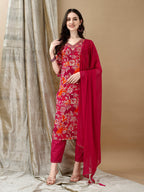 Embroidered & Floral Printed Kurta With Pant & Dupatta, Rani - Hiral Fashion
