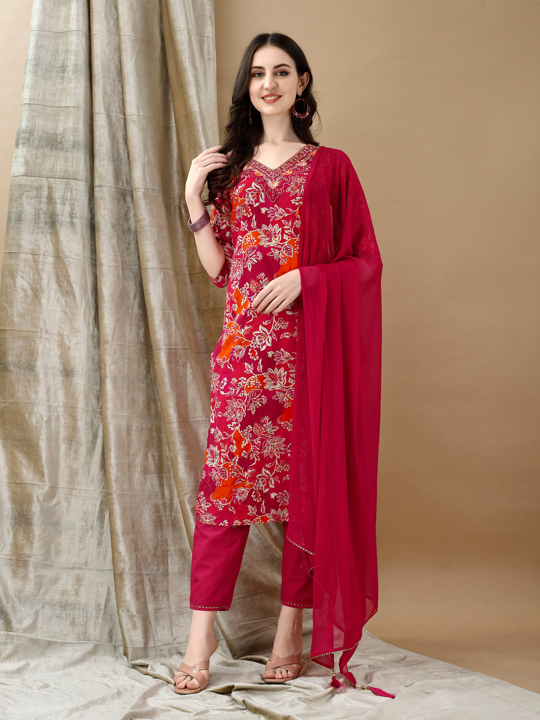Embroidered & Floral Printed Kurta With Pant & Dupatta, Rani - Hiral Fashion