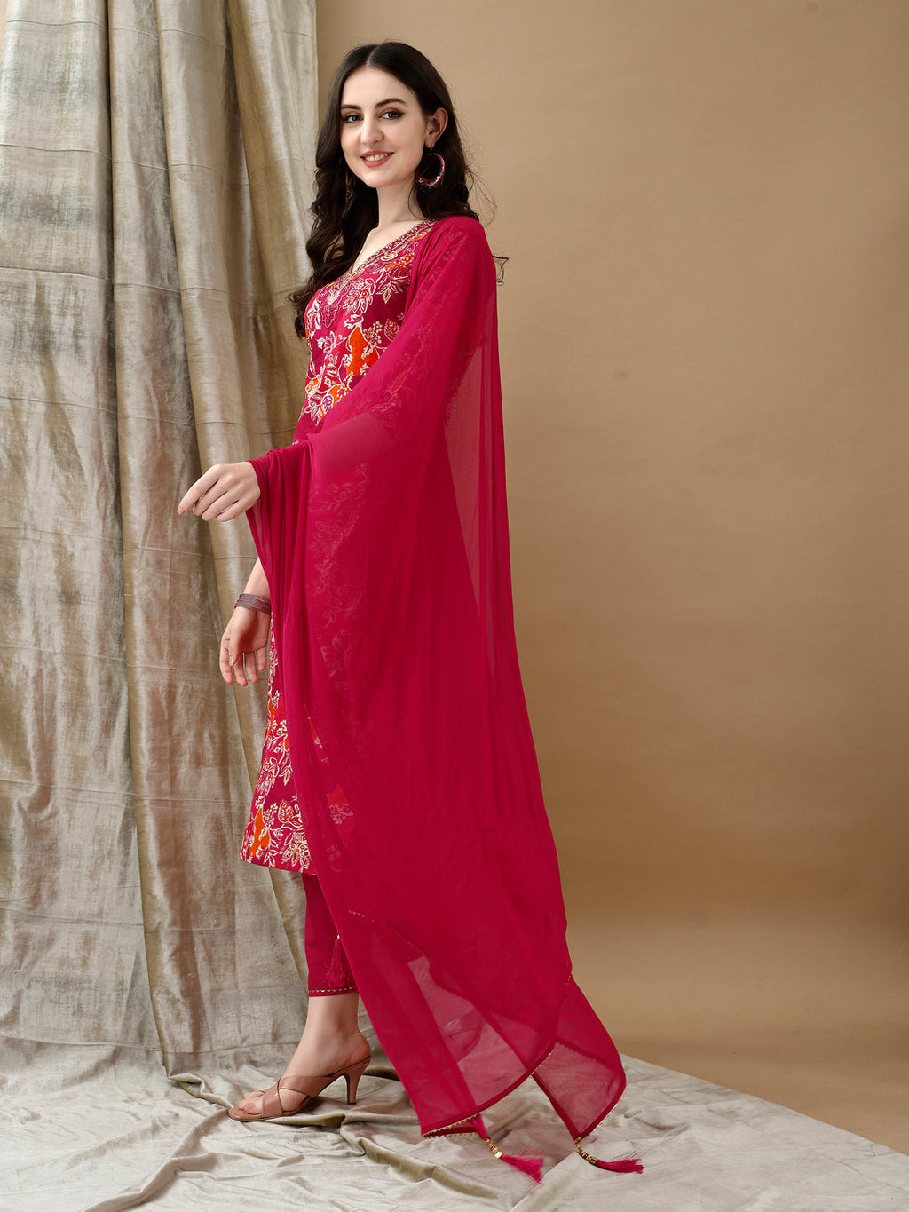 Embroidered & Floral Printed Kurta With Pant & Dupatta, Rani - Hiral Fashion