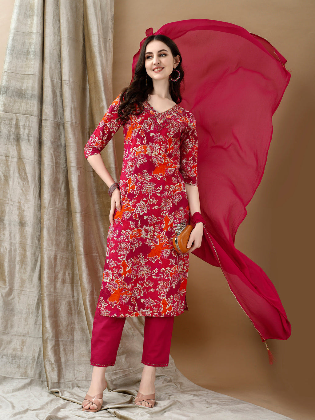 Embroidered & Floral Printed Kurta With Pant & Dupatta, Rani - Hiral Fashion