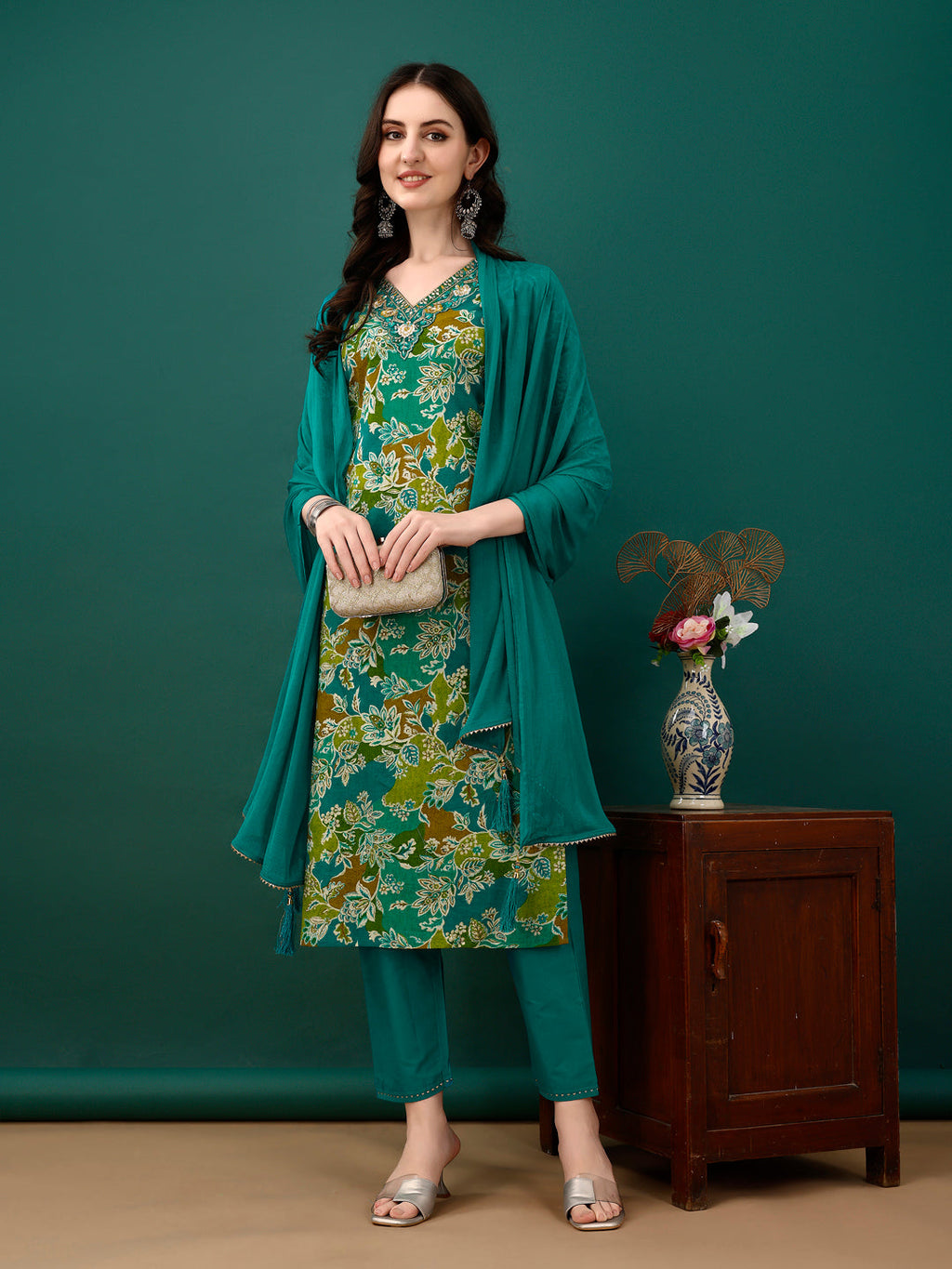 Embroidered & Floral Printed Kurta With Pant & Dupatta, Teal - Hiral Fashion