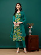 Embroidered & Floral Printed Kurta With Pant & Dupatta, Teal - Hiral Fashion