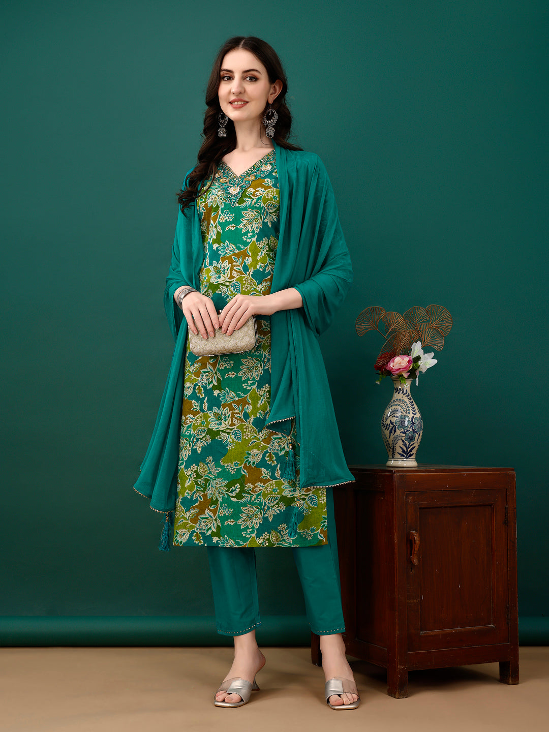 Embroidered & Floral Printed Kurta With Pant & Dupatta, Teal - Hiral Fashion