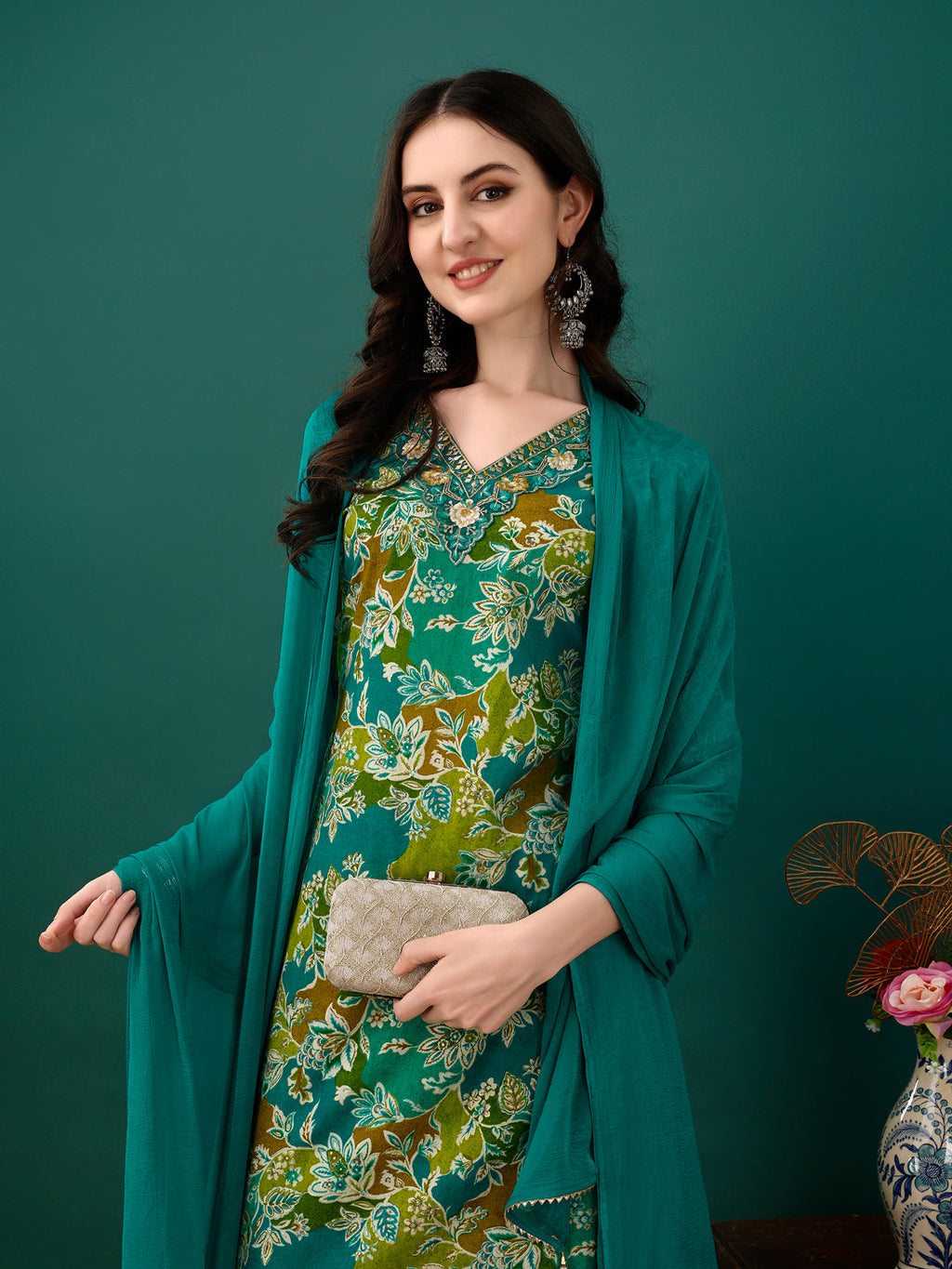 Embroidered & Floral Printed Kurta With Pant & Dupatta, Teal - Hiral Fashion