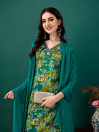 Embroidered & Floral Printed Kurta With Pant & Dupatta, Teal - Hiral Fashion