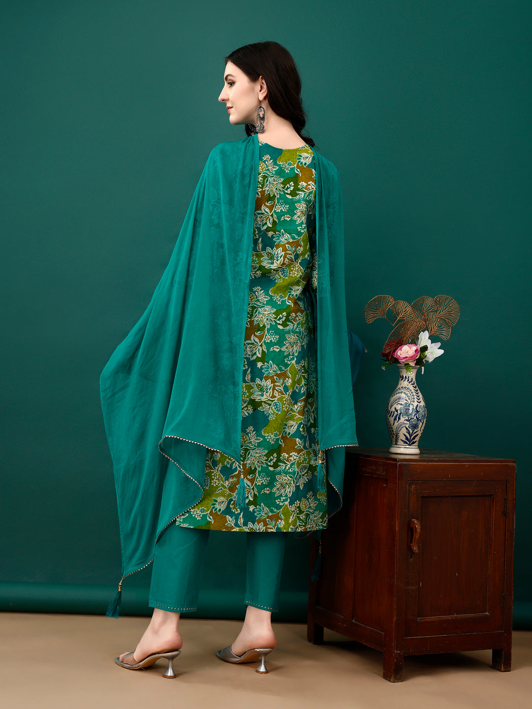 Embroidered & Floral Printed Kurta With Pant & Dupatta, Teal - Hiral Fashion