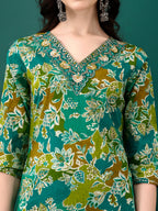 Embroidered & Floral Printed Kurta With Pant & Dupatta, Teal - Hiral Fashion