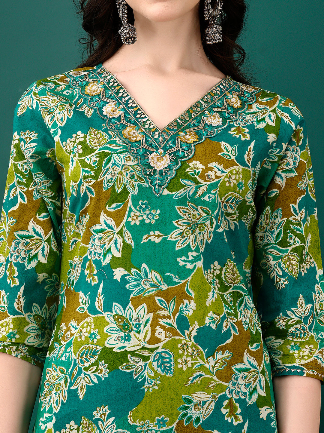 Embroidered & Floral Printed Kurta With Pant & Dupatta, Teal - Hiral Fashion