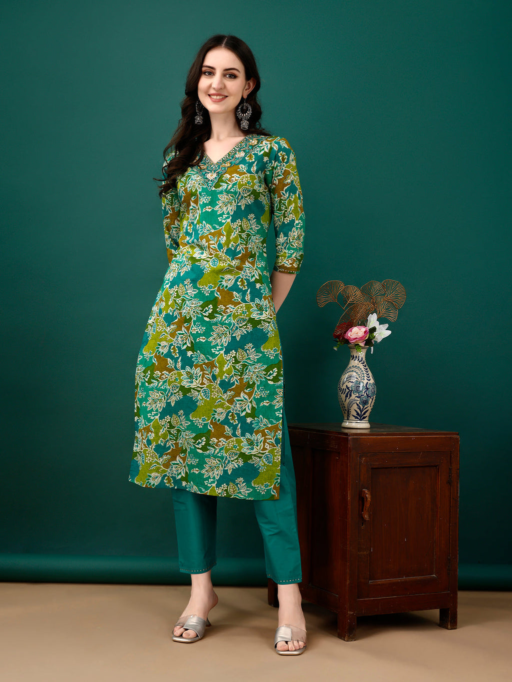Embroidered & Floral Printed Kurta With Pant & Dupatta, Teal - Hiral Fashion