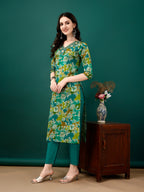 Embroidered & Floral Printed Kurta With Pant & Dupatta, Teal - Hiral Fashion