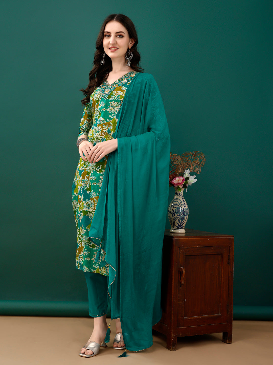 Embroidered & Floral Printed Kurta With Pant & Dupatta, Teal - Hiral Fashion