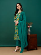 Embroidered & Floral Printed Kurta With Pant & Dupatta, Teal - Hiral Fashion