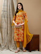 Embroidered & Floral Printed Kurta With Pant & Dupatta, Yellow - Hiral Fashion