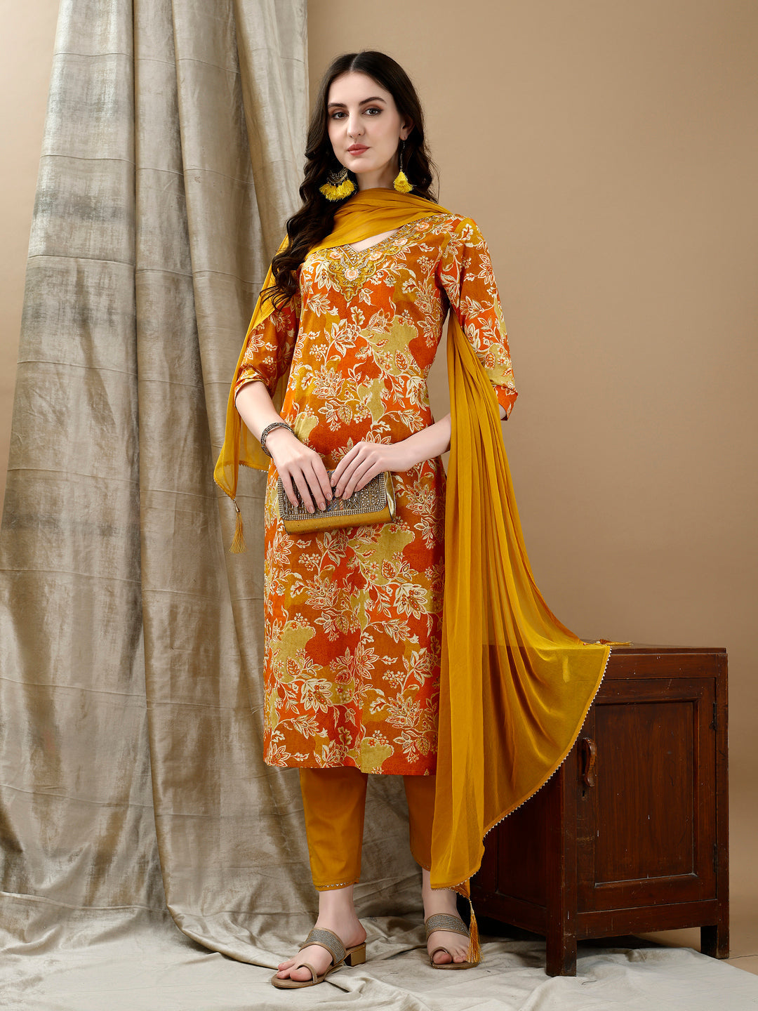 Embroidered & Floral Printed Kurta With Pant & Dupatta, Yellow - Hiral Fashion