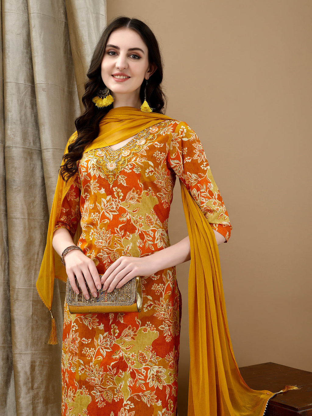 Embroidered & Floral Printed Kurta With Pant & Dupatta, Yellow - Hiral Fashion