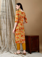 Embroidered & Floral Printed Kurta With Pant & Dupatta, Yellow - Hiral Fashion