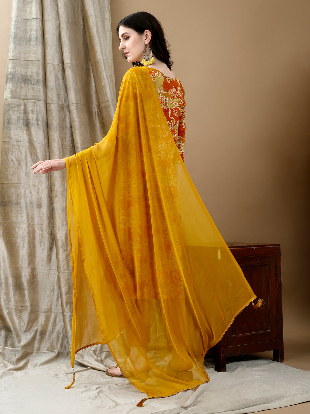 Embroidered & Floral Printed Kurta With Pant & Dupatta, Yellow - Hiral Fashion
