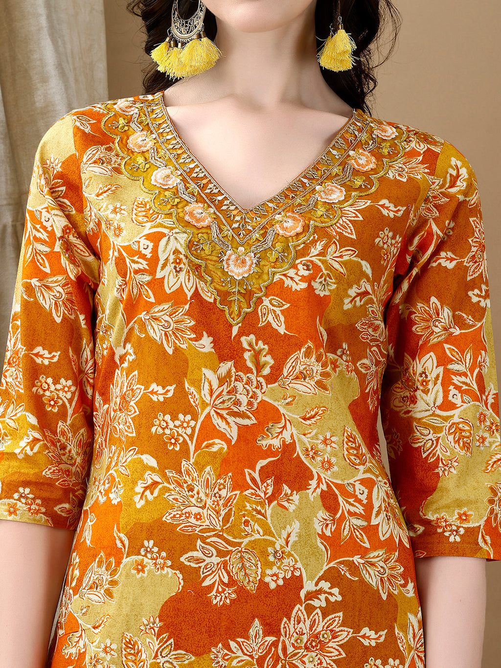 Embroidered & Floral Printed Kurta With Pant & Dupatta, Yellow - Hiral Fashion