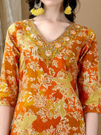 Embroidered & Floral Printed Kurta With Pant & Dupatta, Yellow - Hiral Fashion