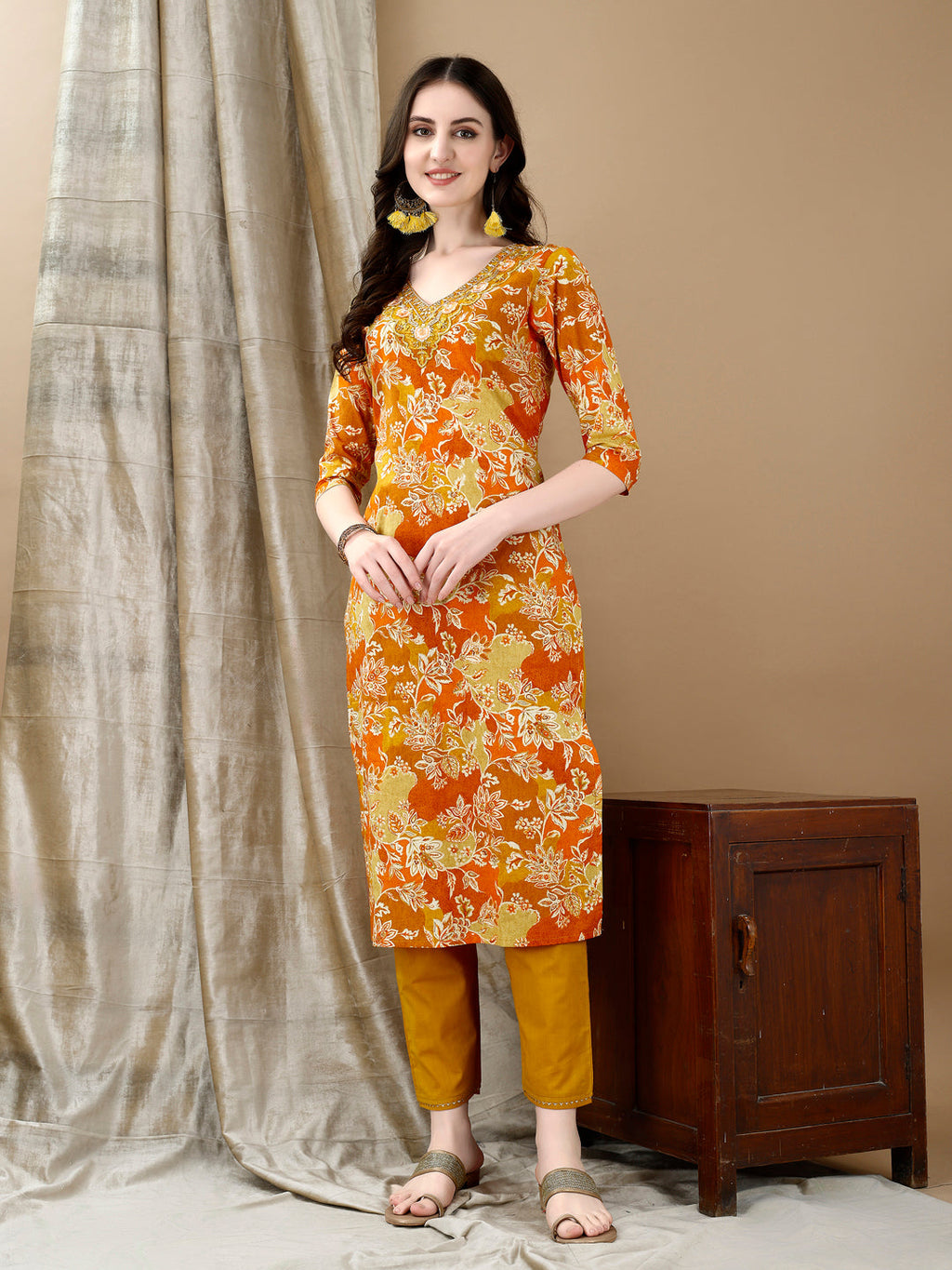 Embroidered & Floral Printed Kurta With Pant & Dupatta, Yellow - Hiral Fashion