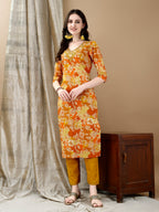 Embroidered & Floral Printed Kurta With Pant & Dupatta, Yellow - Hiral Fashion