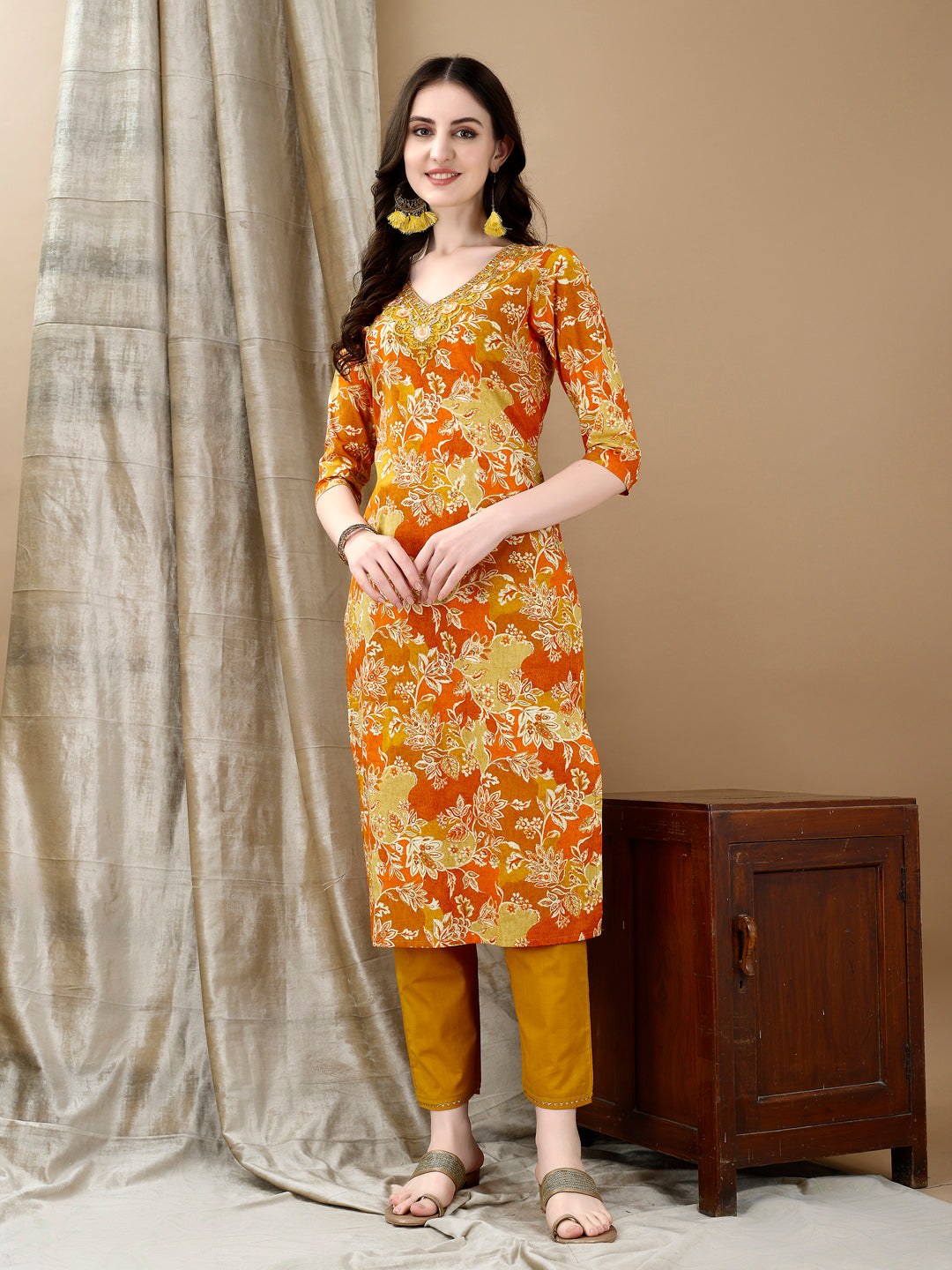 Embroidered & Floral Printed Kurta With Pant & Dupatta, Yellow - Hiral Fashion