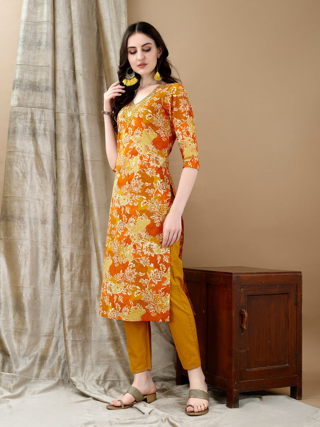 Embroidered & Floral Printed Kurta With Pant & Dupatta, Yellow - Hiral Fashion
