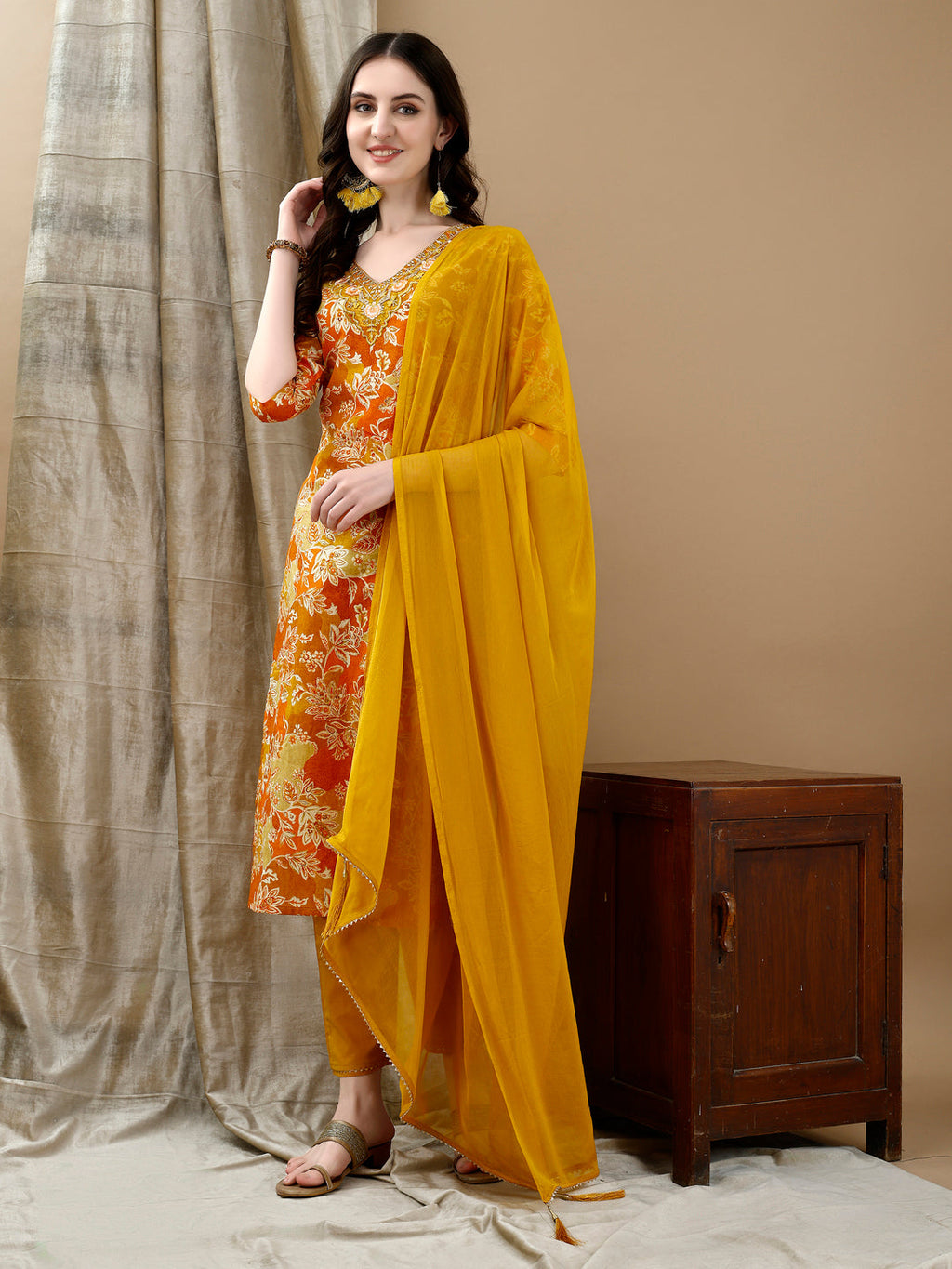 Embroidered & Floral Printed Kurta With Pant & Dupatta, Yellow - Hiral Fashion