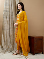 Embroidered & Floral Printed Kurta With Pant & Dupatta, Yellow - Hiral Fashion