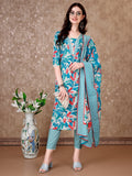 Floral Printed Cotton Kurta With Pant & Dupatta, Blue - Hiral Fashion - Distacart