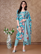 Floral Printed Cotton Kurta With Pant & Dupatta, Blue - Hiral Fashion - Distacart
