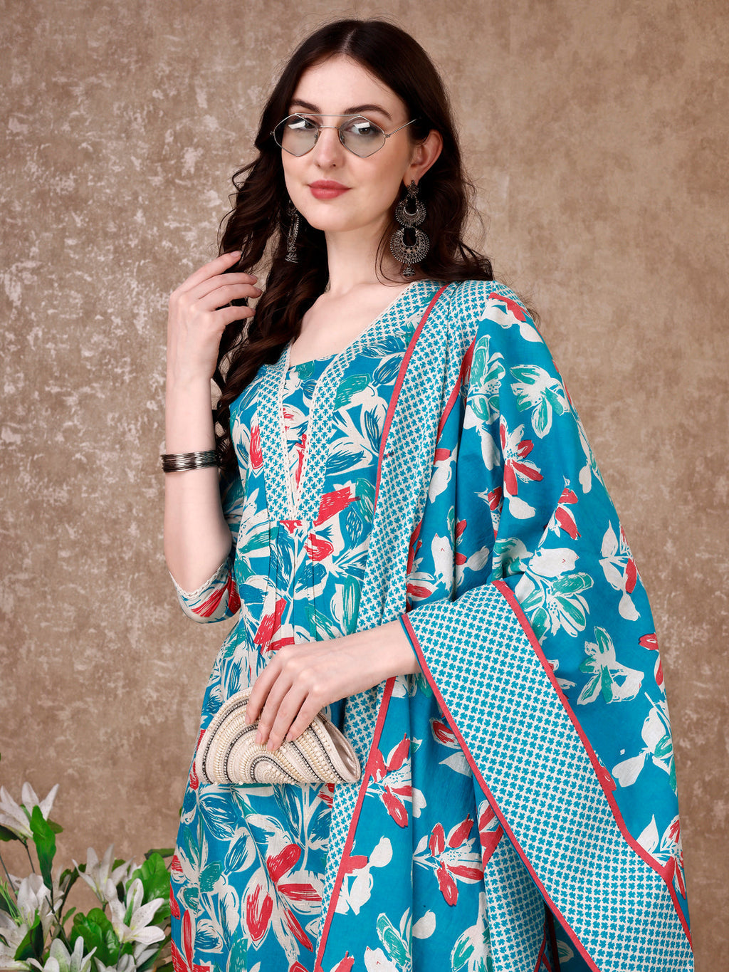 Floral Printed Cotton Kurta With Pant & Dupatta, Blue - Hiral Fashion - Distacart