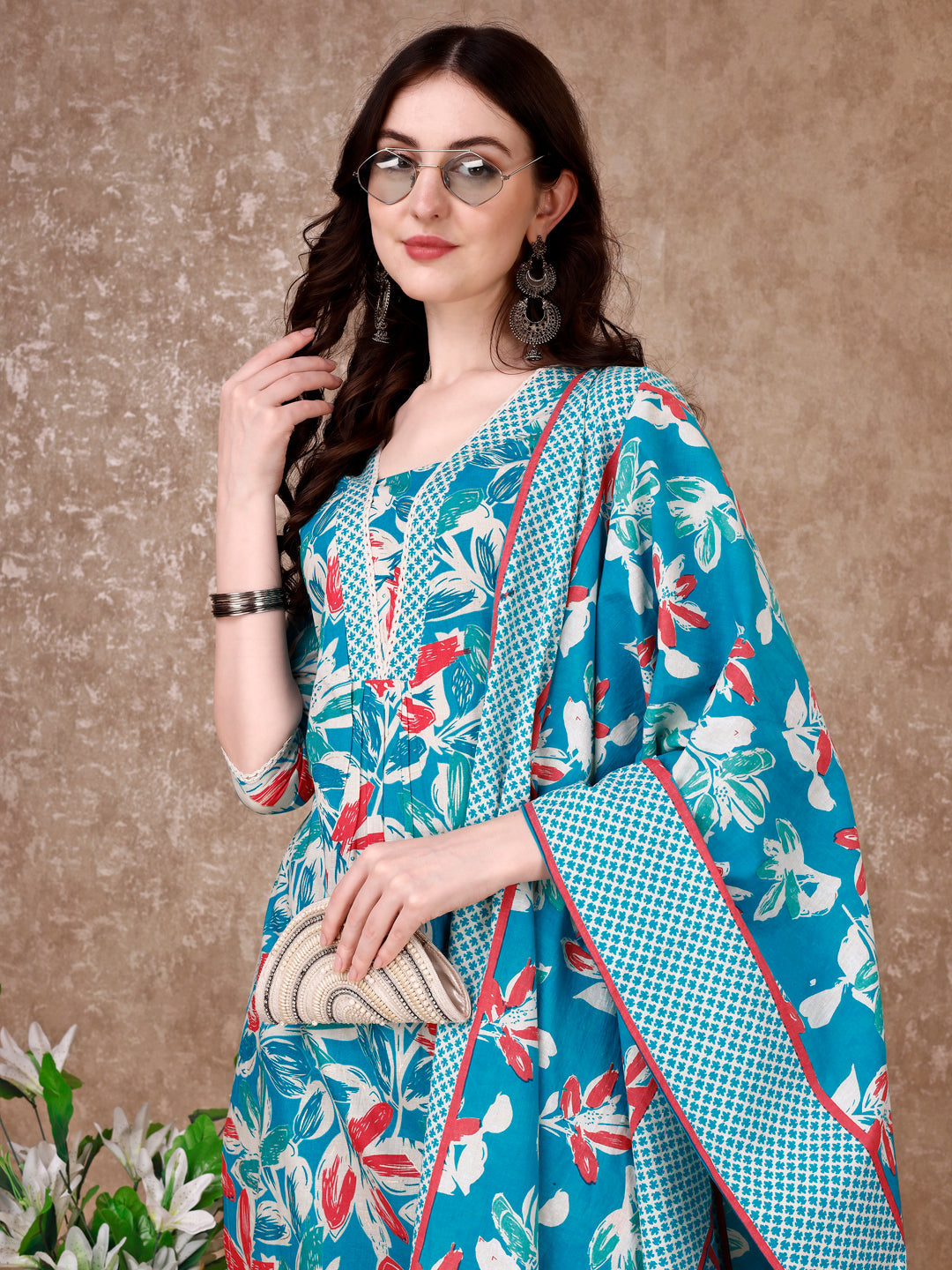 Floral Printed Cotton Kurta With Pant & Dupatta, Blue - Hiral Fashion - Distacart
