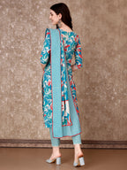 Floral Printed Cotton Kurta With Pant & Dupatta, Blue - Hiral Fashion - Distacart