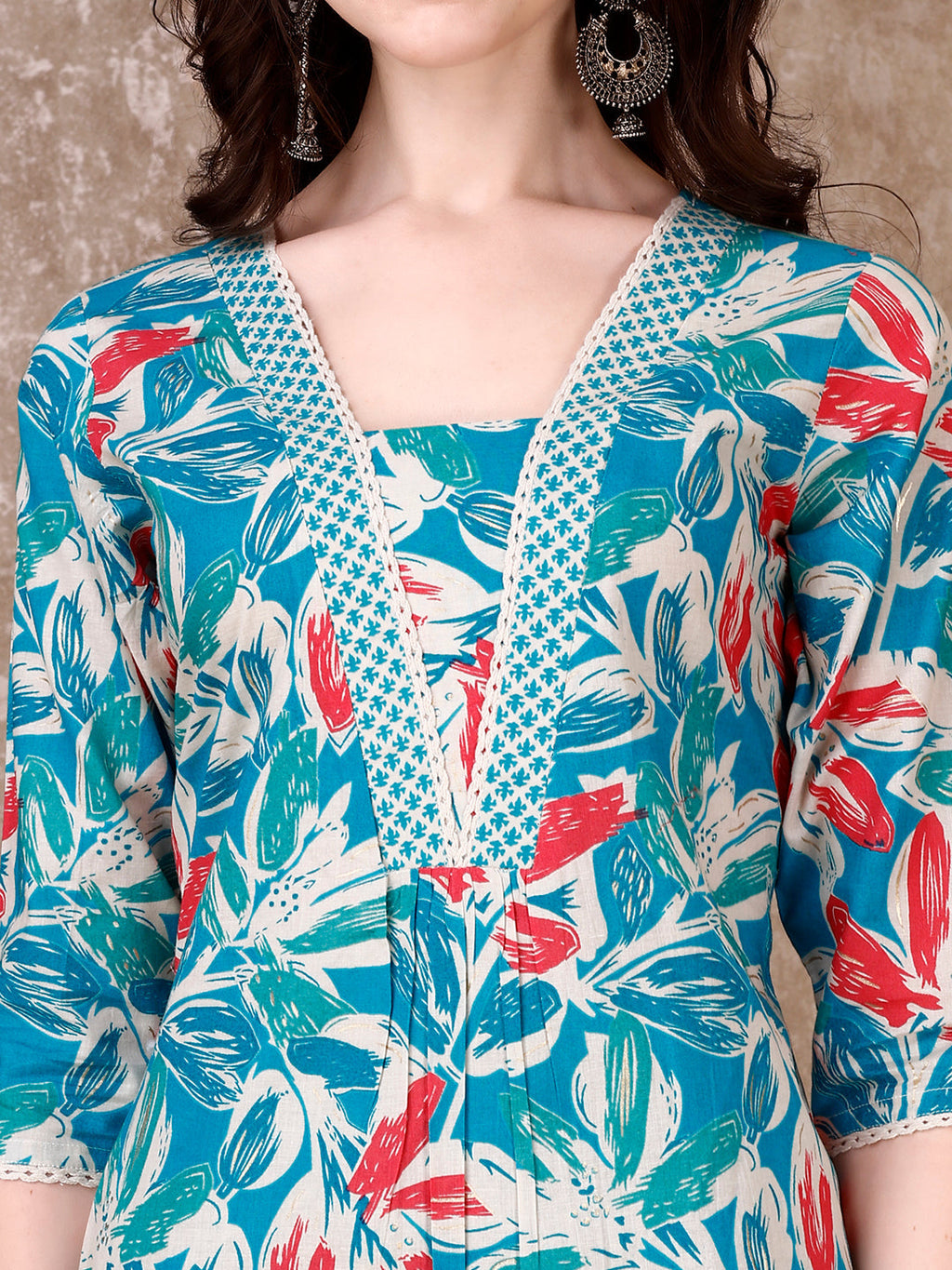 Floral Printed Cotton Kurta With Pant & Dupatta, Blue - Hiral Fashion - Distacart