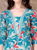 Floral Printed Cotton Kurta With Pant & Dupatta, Blue - Hiral Fashion - Distacart
