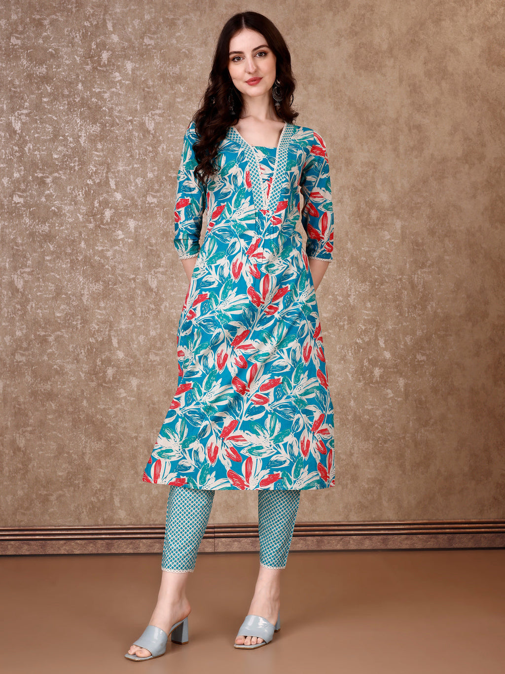 Floral Printed Cotton Kurta With Pant & Dupatta, Blue - Hiral Fashion - Distacart