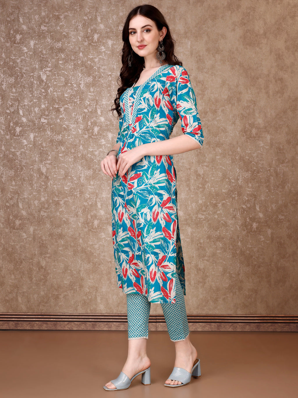 Floral Printed Cotton Kurta With Pant & Dupatta, Blue - Hiral Fashion - Distacart