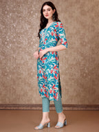 Floral Printed Cotton Kurta With Pant & Dupatta, Blue - Hiral Fashion - Distacart